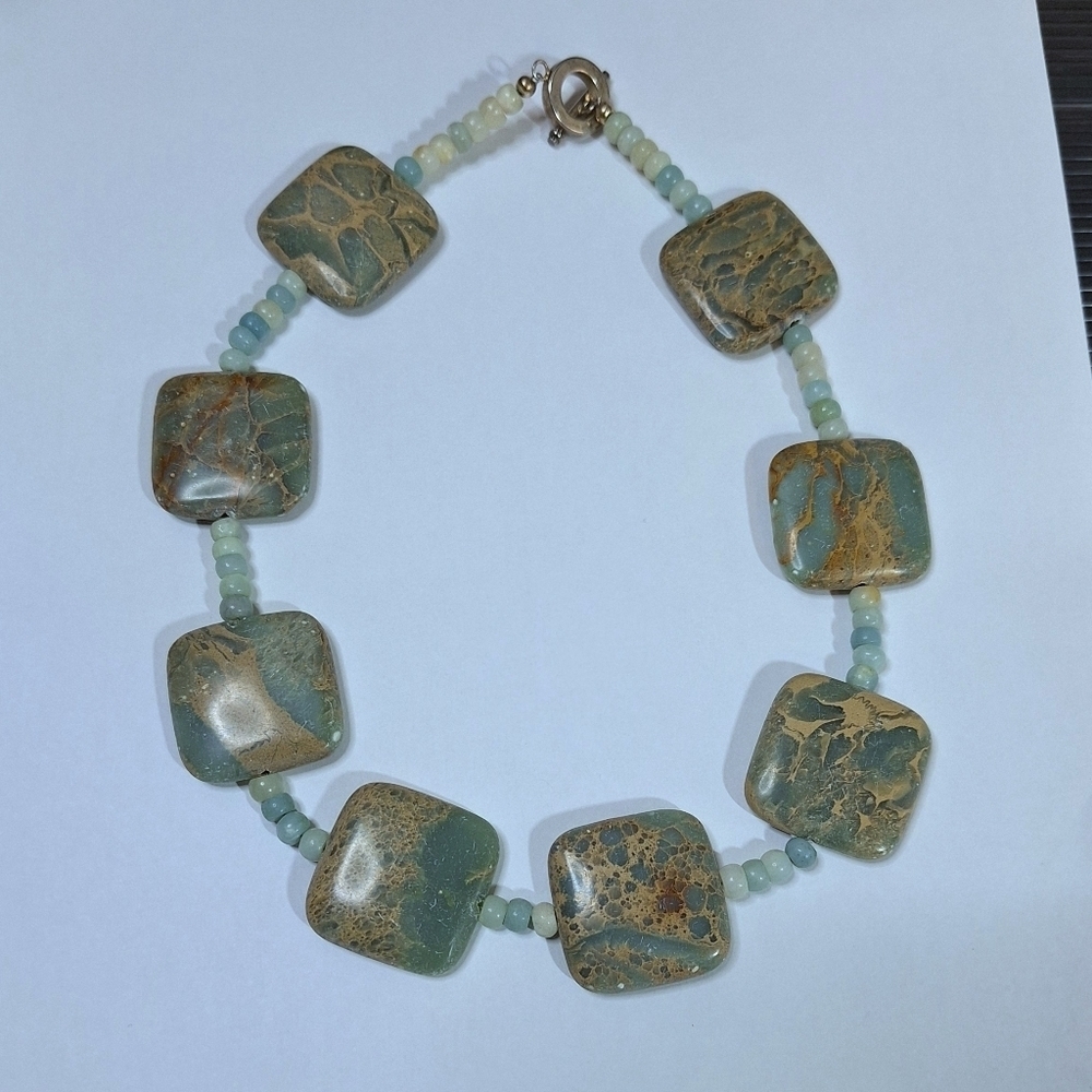 Teal Beaded Square Stone Marble Style Statement Costume Jewelry Necklace - Picture 2 of 11